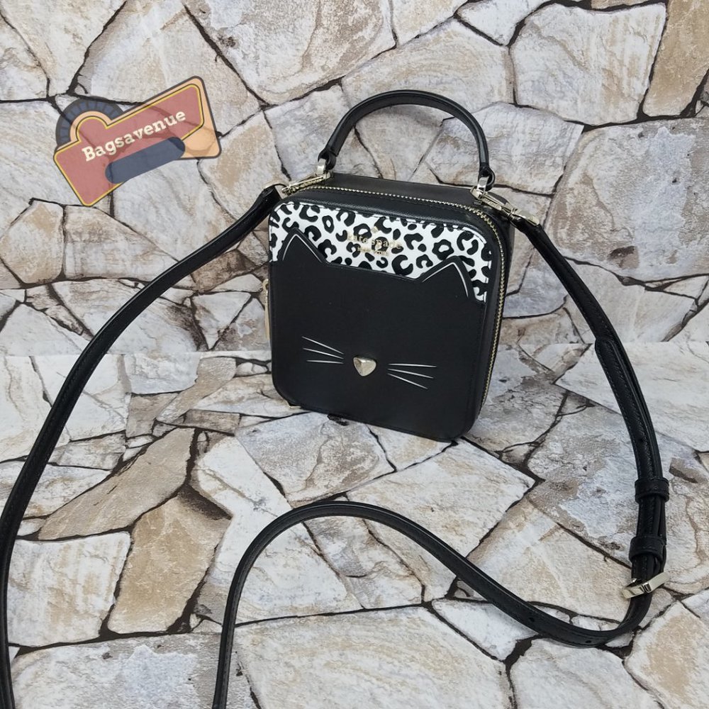 Daisy Vanity Crossbody Meow Cat Leather Bag Top Handle Purse Black Kate Spade - Picture 8 of 12